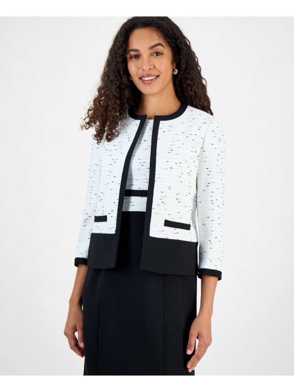 Kasper Petite Size 8P Women's Colorblocked Tweed Cropped Blazer White Black $139